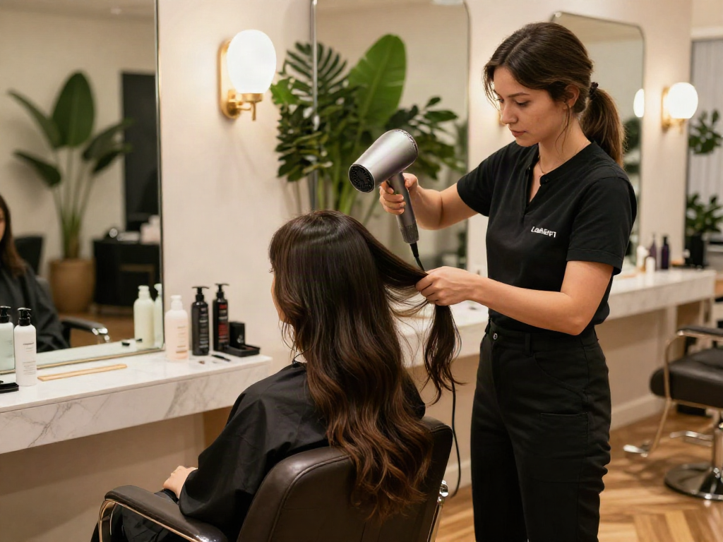 Profi Haartrockner im Einsatz in einem eleganten Friseursalon mit stilvollem Ambiente.