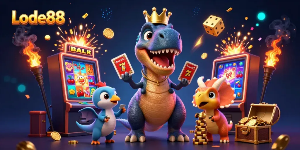 Experience the excitement of Lode88 with a T-Rex and friends in a vibrant casino scene showcasing slots and jackpots.