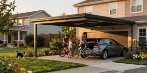 Carport im modernen Stil mit Familie und Fahrrädern im Garten.
